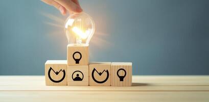 Creative idea, solution and innovation concept. Idea generation for business development. Wooden cube blocks with light bulb and cycle icons on clean background and copy space. AI Generative photo