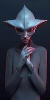 An extraordinary portrait of unknown adorable alien species over an alien finger, a style of high alien fashion. AI Generative photo