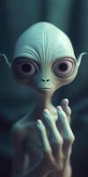 An extraordinary portrait of unknown adorable alien species over an alien finger, a style of high alien fashion. AI Generative photo