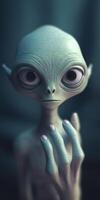 An extraordinary portrait of unknown adorable alien species over an alien finger, a style of high alien fashion. AI Generative photo