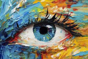 Fluorite oil painting. Conceptual abstract picture of the eye. Oil painting in colorful colors. Conceptual abstract closeup of an oil painting and palette knife on canvas. AI Generative photo