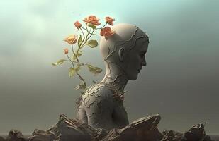 Life and freedom and hope concept , Imagination of surreal scene flower with broken human sculpture, digital artwork illustration. AI Generative photo