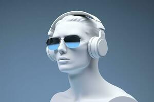 mínimo escena de Gafas de sol y auriculares en humano cabeza escultura, música concepto, 3d representación. ai generativo foto