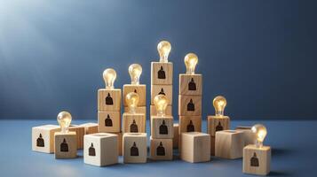 Many wooden cubes with people symbols and one with a lightbulb symbol on blue background. AI Generative photo