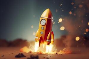 Toy rocket takes off business and finances success concept. AI Generative photo