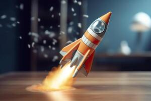 Toy rocket takes off business and finances success concept. AI Generative photo