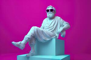 A white statue of Plato in a cool pose, wearing magenta and cyan 3D glasses, ready to party. AI Generative photo