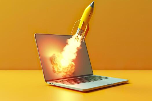 Launching a new product or service. Technology development process. Space rocket launch. 3d render. Yellow rocket lift up from the display laptop. AI Generative photo