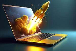 Launching a new product or service. Technology development process. Space rocket launch. 3d render. Yellow rocket lift up from the display laptop. AI Generative photo
