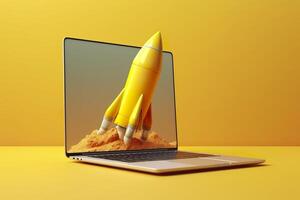 Launching a new product or service. Technology development process. Space rocket launch. 3d render. Yellow rocket lift up from the display laptop. AI Generative photo