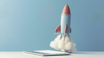 A small rocket takes off from a Laptop with vibrant color combinations in light sky blue and light gray colors for a website, business, and financial success concepts.  AI Generative photo