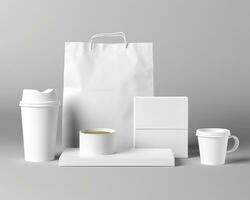 Blank bag, coffee mug, and cup on a light background. Generative AI photo