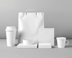 blanco bolsa, café taza, y taza en un ligero antecedentes. generativo ai foto