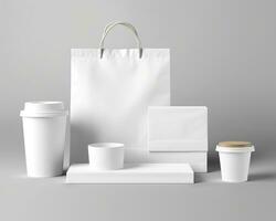 Blank bag, coffee mug, and cup on a light background. Generative AI photo