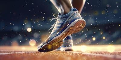 Runner feet running on a stadium, closeup on feet, sports background, space for copy, AI Generative photo