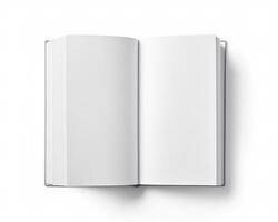 Blank opened book mockup, top view, isolated on white background. Generative AI photo