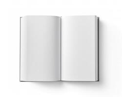 Blank opened book mockup, top view, isolated on white background. Generative AI photo