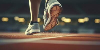 corredor pies corriendo en un estadio, de cerca en pies, Deportes fondo, espacio para Copiar, ai generativo foto