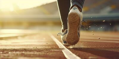 corredor pies corriendo en un estadio, de cerca en pies, Deportes fondo, espacio para Copiar, ai generativo foto