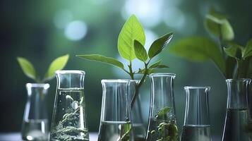 Biotechnology concept with green plant leaves, laboratory glassware, and conducting research, illustrating the powerful combination of nature and science in medical advancements.  AI Generative photo