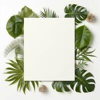 Frame with leaves.  Summer tropical leaves and blank frame with copy space on white background. Generative AI photo