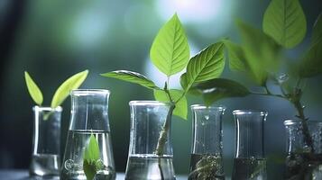 Biotechnology concept with green plant leaves, laboratory glassware, and conducting research, illustrating the powerful combination of nature and science in medical advancements.  AI Generative photo