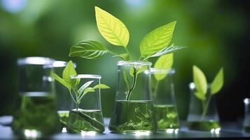 Biotechnology concept with green plant leaves, laboratory glassware, and conducting research, illustrating the powerful combination of nature and science in medical advancements.  AI Generative photo