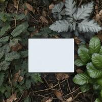 Blank business card on green leaves background. Generative AI photo