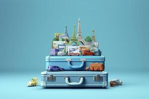 Blue suitcase full of landmarks and travel accessories on blue background. Generative AI photo