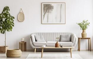 Boho open space interior in a cozy apartment with a design. Generative AI photo