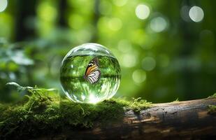 Butterfly and Crystal ball on a tree stump in the forest, natural green background. Generative AI photo