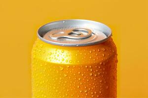 lata de Fresco soda con agua gotas en naranja fondo, de cerca. generativo ai foto