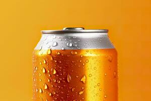 Can of fresh soda with water drops on orange background, closeup. Generative AI photo