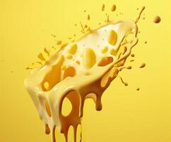 Cheese sauce splashing in the air with cheddar cheese, 3d rendering. Generative AI photo