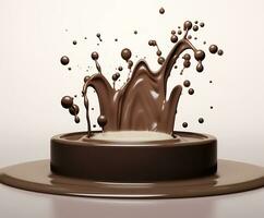 Chocolate splash with a podium, mockup background for milk product display, 3d. Generative AI photo