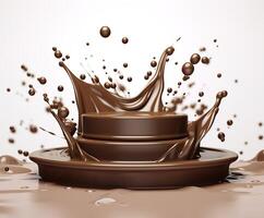 Chocolate splash with a podium, mockup background for milk product display, 3d. Generative AI photo