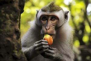 Close up of monkey eating fruit in the jungle. Generative AI photo