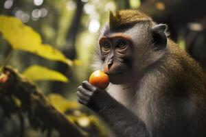 Close up of monkey eating fruit in the jungle. Generative AI photo