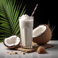 Coconut milk shake glass with fresh sliced coconut. Generative AI photo