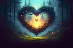 Colorful fantasy heart, light beam, green forest field. Generative AI photo