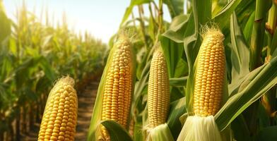 Closeup corn cobs in corn plantation field. Generative AI photo