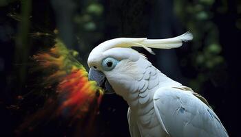 Digital photo manipulation of a white parrot. Generative AI