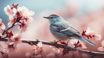 Birds sitting in a tree filled with cherry blossom flowers. Generative AI photo