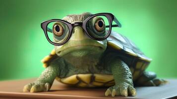 A cute little green turtle with glasses, Generate Ai photo