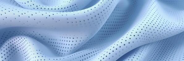 Breathable fabric dry light blue soft mesh holes floating light blue background. Generative AI photo