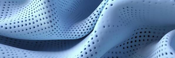 Breathable fabric dry light blue soft mesh holes floating light blue background. Generative AI photo