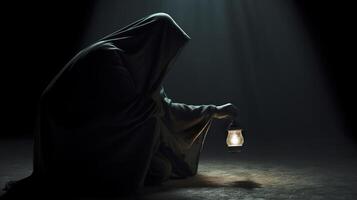 A hooded figure with a lantern searching for something. Generative AI photo