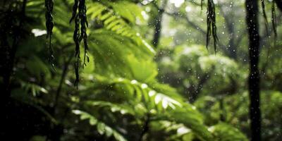 Rain falls in a rainforest with the rain drops. Generative AI photo