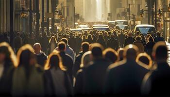 Crowd of people walking busy city street backlit. Generative AI photo