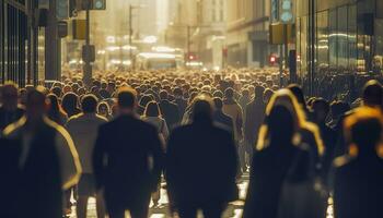 Crowd of people walking busy city street backlit. Generative AI photo